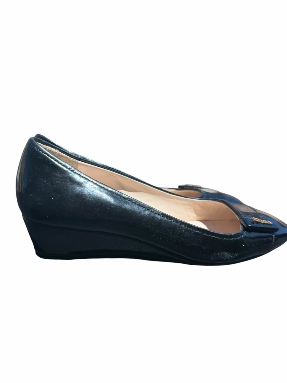 Prada Patent Leather Kitten Wedge Pumps Black Logo Heels EU 37.5 Authentic - Picture 6 of 11